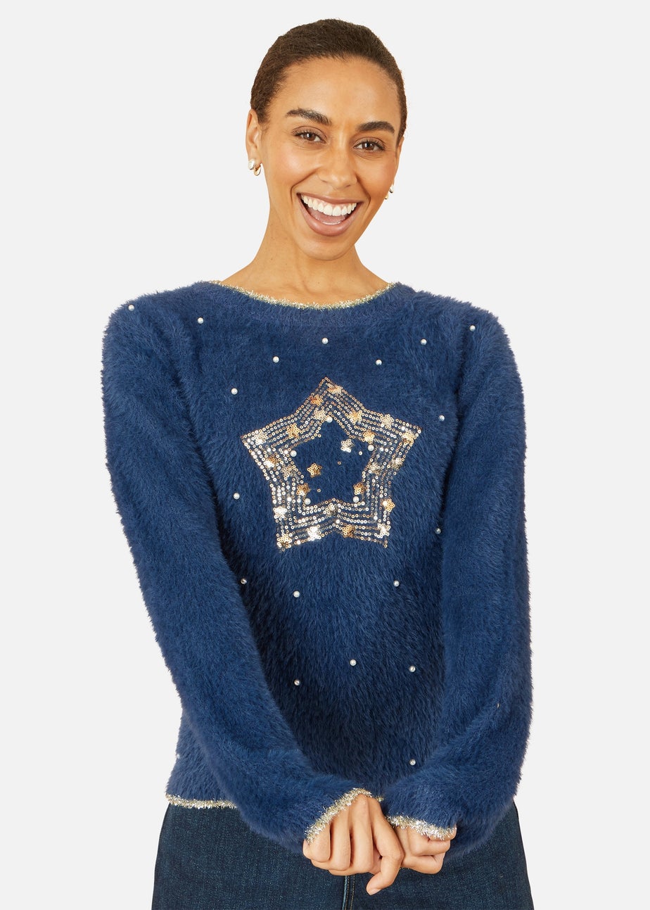 Yumi Navy Sequin Snowflake Fluffy Jumper