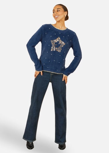 Yumi Navy Sequin Snowflake Fluffy Jumper