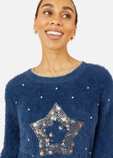 Yumi Navy Sequin Snowflake Fluffy Jumper
