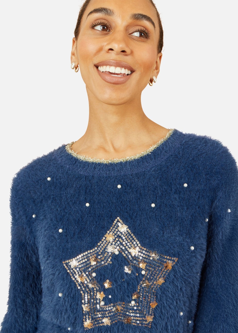 Yumi Navy Sequin Snowflake Fluffy Jumper