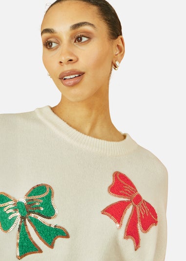Yumi White Sequinned Bow Relaxed Fit Jumper