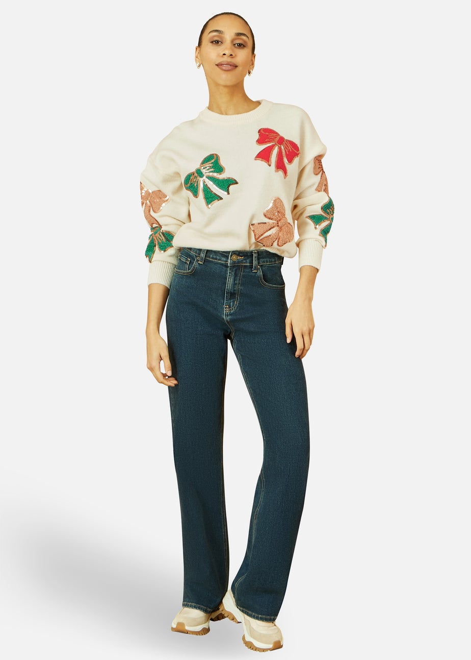 Yumi White Sequinned Bow Relaxed Fit Jumper
