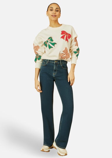 Yumi White Sequinned Bow Relaxed Fit Jumper