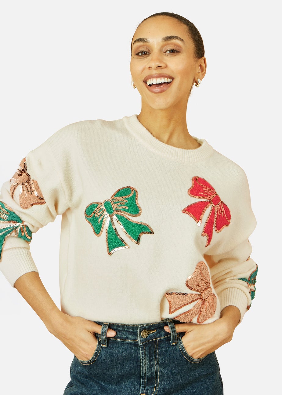 Yumi White Sequinned Bow Relaxed Fit Jumper