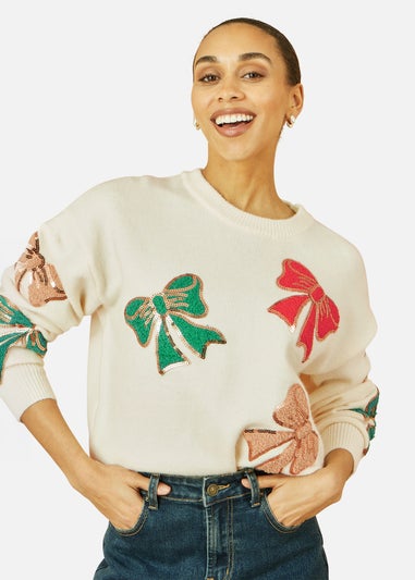 Yumi White Sequinned Bow Relaxed Fit Jumper
