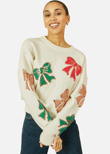 Yumi White Sequinned Bow Relaxed Fit Jumper