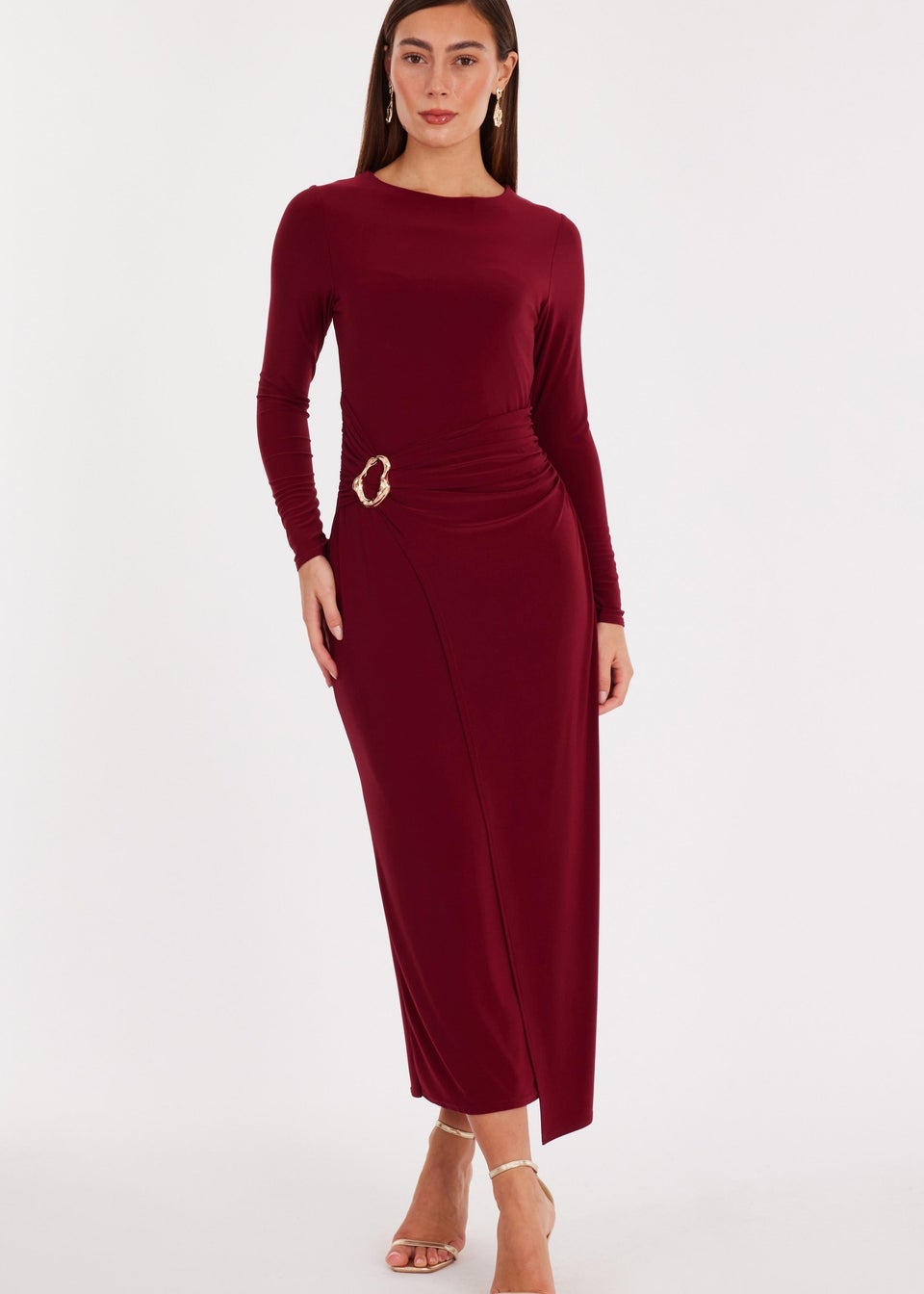 Quiz Burgundy Wrap Buckle Midaxi Dress