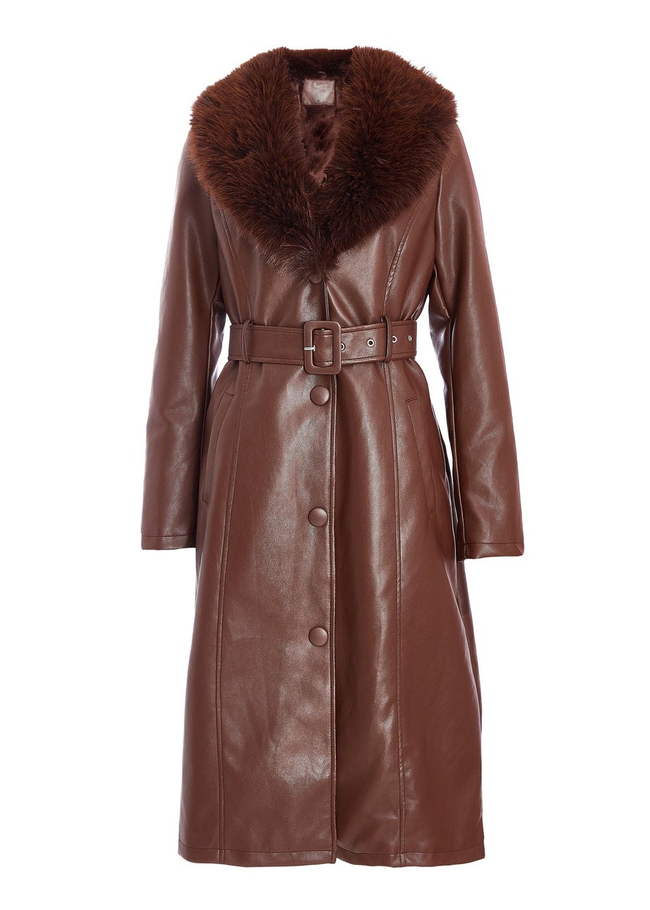 Quiz Brown Faux Leather Trench Coat
