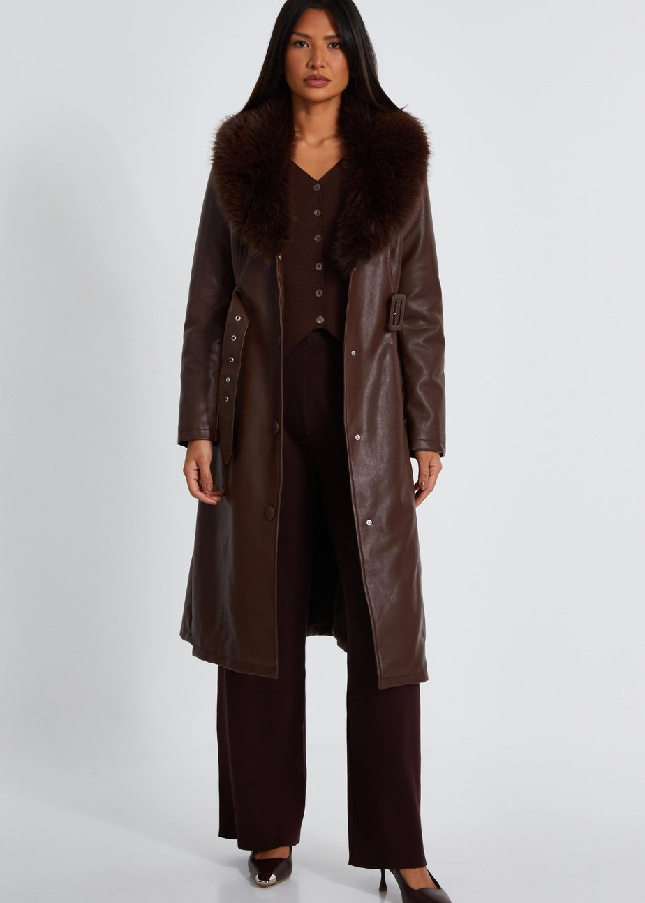 Quiz Brown Faux Leather Trench Coat