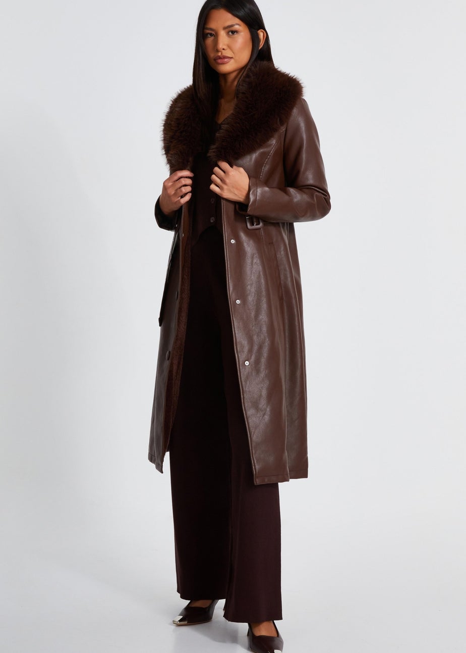 Quiz Brown Faux Leather Trench Coat