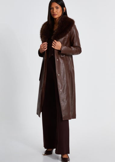 Quiz Brown Faux Leather Trench Coat