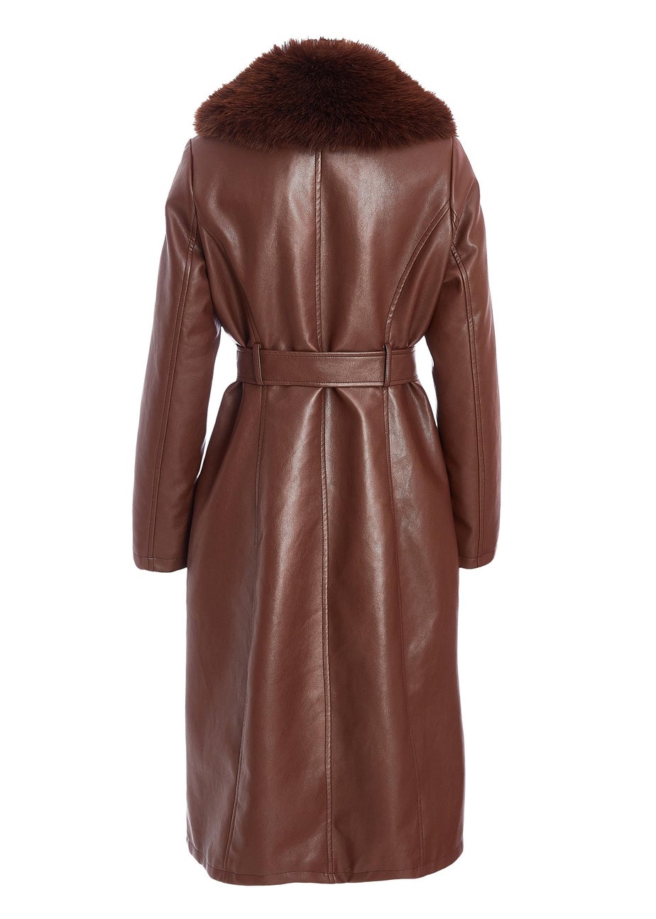 Quiz Brown Faux Leather Trench Coat