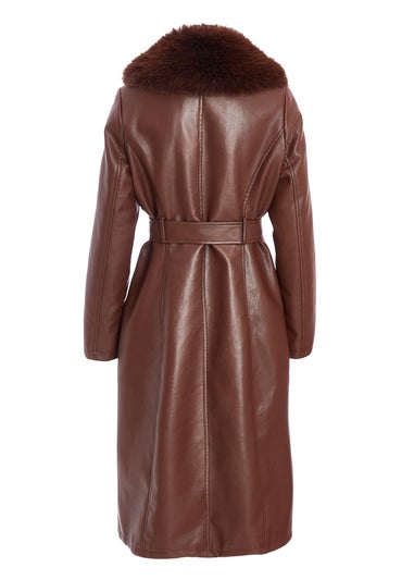 Quiz Brown Faux Leather Trench Coat