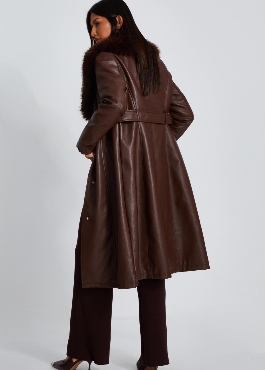 Quiz Brown Faux Leather Trench Coat