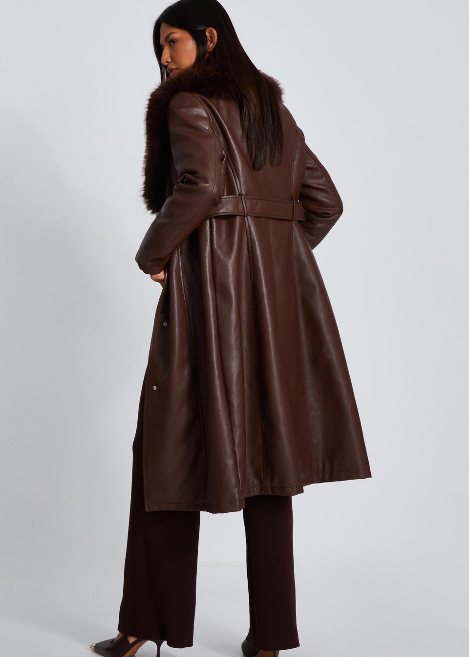 Quiz Brown Faux Leather Trench Coat