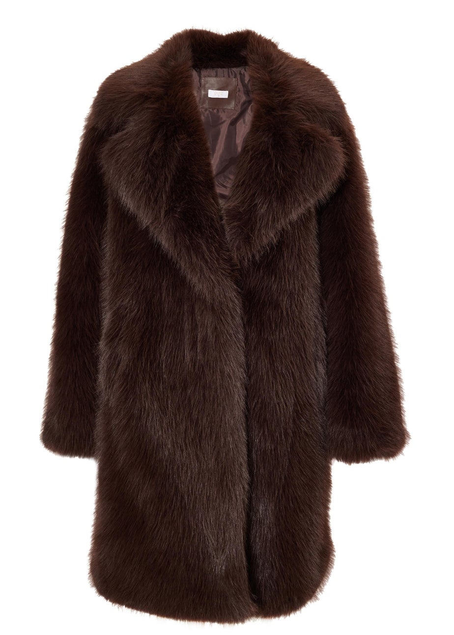 Quiz Brown Faux Fur Longline Coat