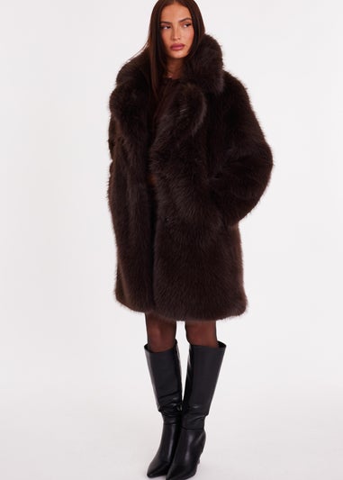 Quiz Brown Faux Fur Longline Coat