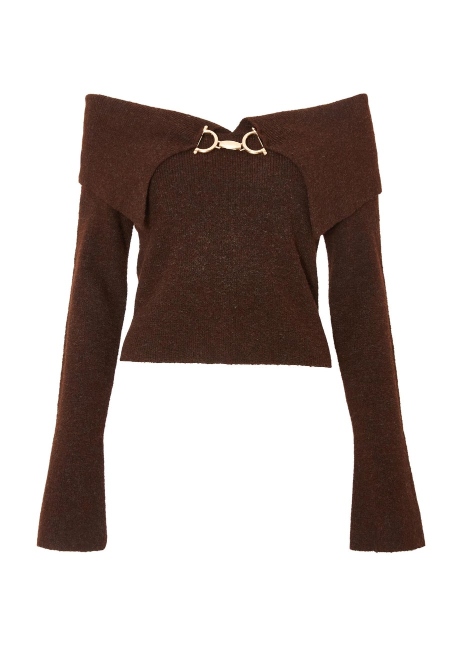 Quiz Brown Bardot Chain Front Jumper
