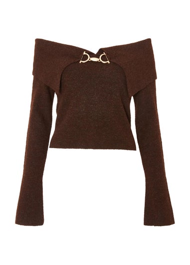 Quiz Brown Bardot Chain Front Jumper
