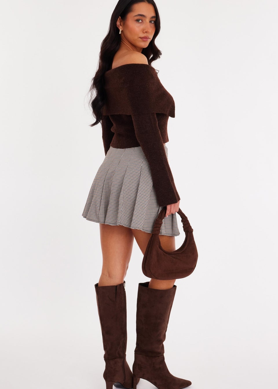 Quiz Brown Bardot Chain Front Jumper