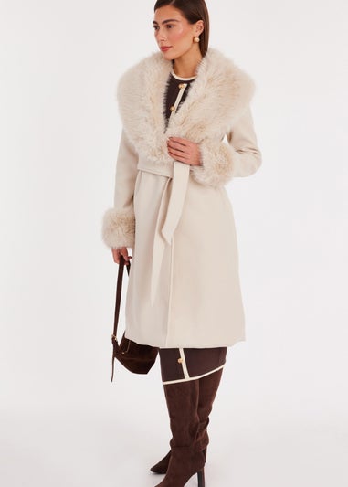 Quiz Stone Faux Fur Trim Coat