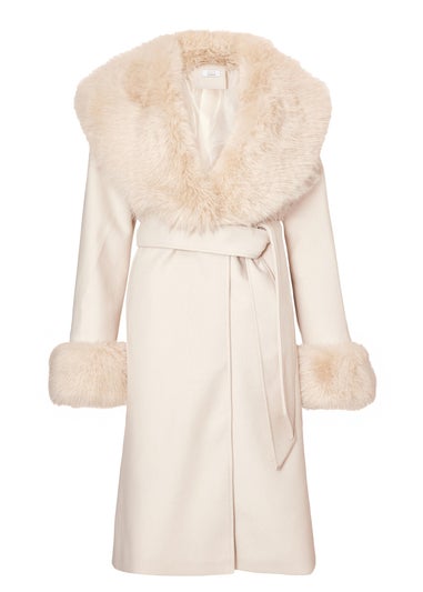 Quiz Stone Faux Fur Trim Coat