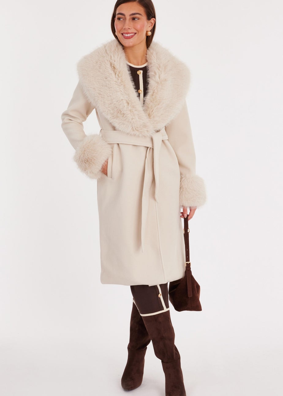 Quiz Stone Faux Fur Trim Coat