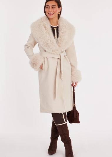 Quiz Stone Faux Fur Trim Coat