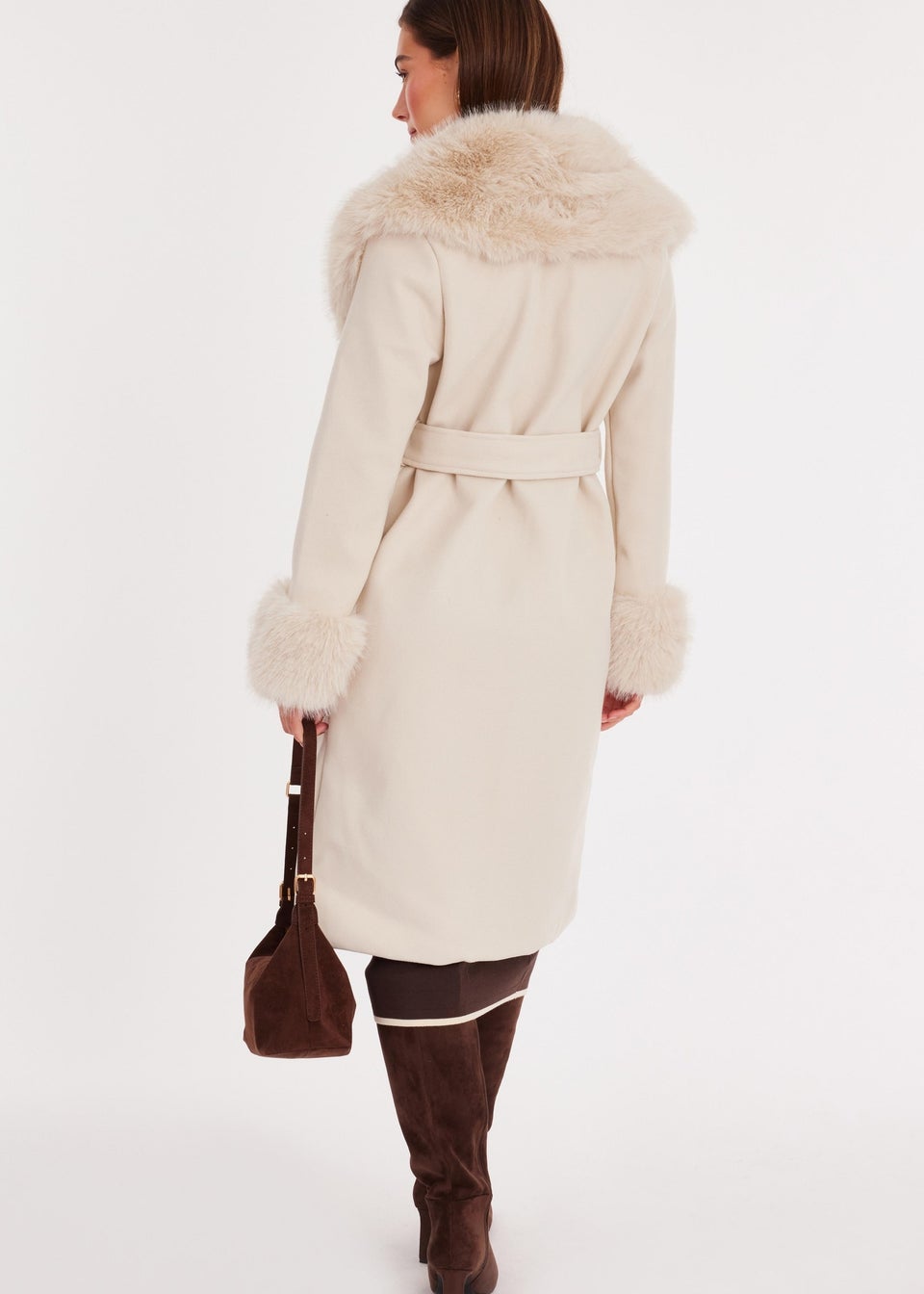 Quiz Stone Faux Fur Trim Coat