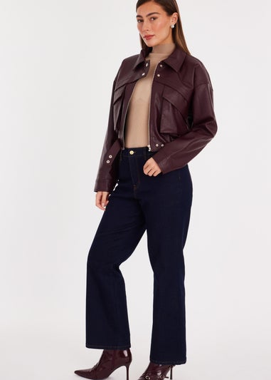 Quiz Burgundy Faux Leather Cropped Bomber Jacket