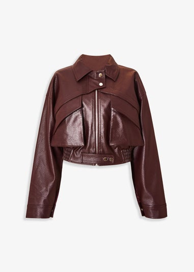 Quiz Burgundy Faux Leather Cropped Bomber Jacket