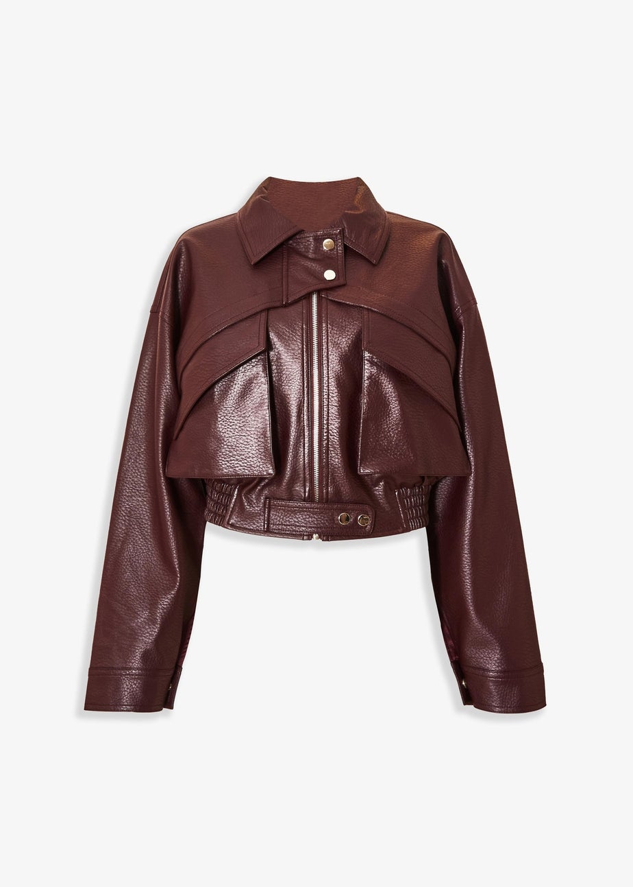 Quiz Burgundy Faux Leather Cropped Bomber Jacket
