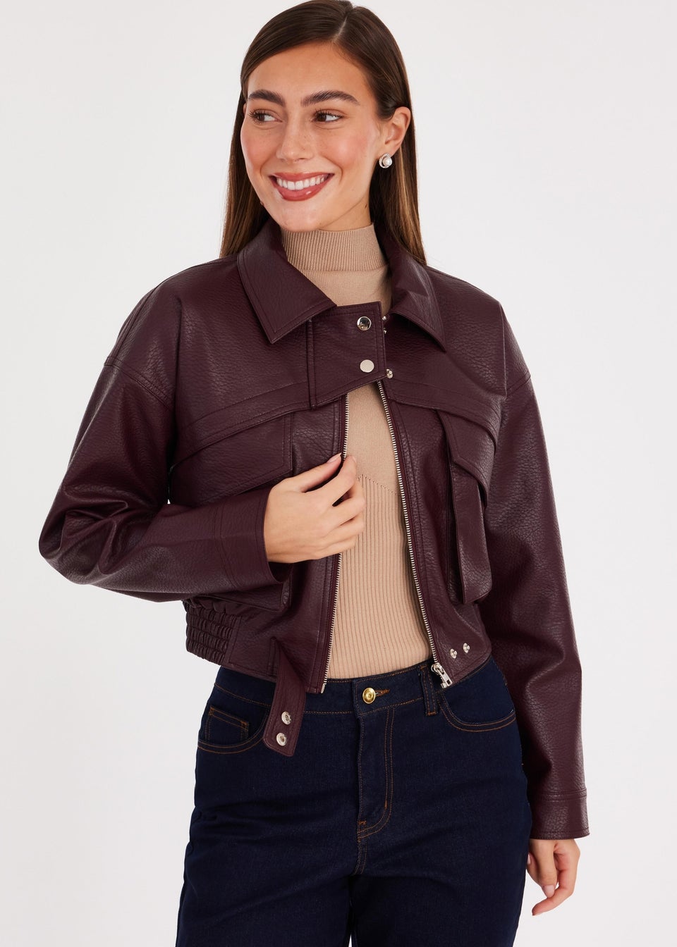 Quiz Burgundy Faux Leather Cropped Bomber Jacket