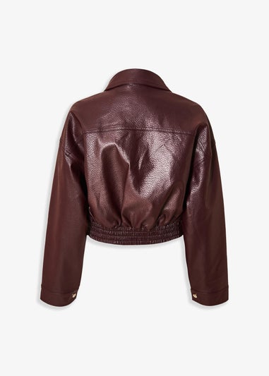 Quiz Burgundy Faux Leather Cropped Bomber Jacket