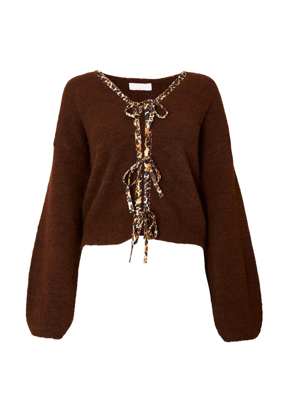 Quiz Brown Leopard Detail Tie Front Cardigan
