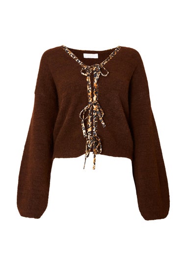 Quiz Brown Leopard Detail Tie Front Cardigan