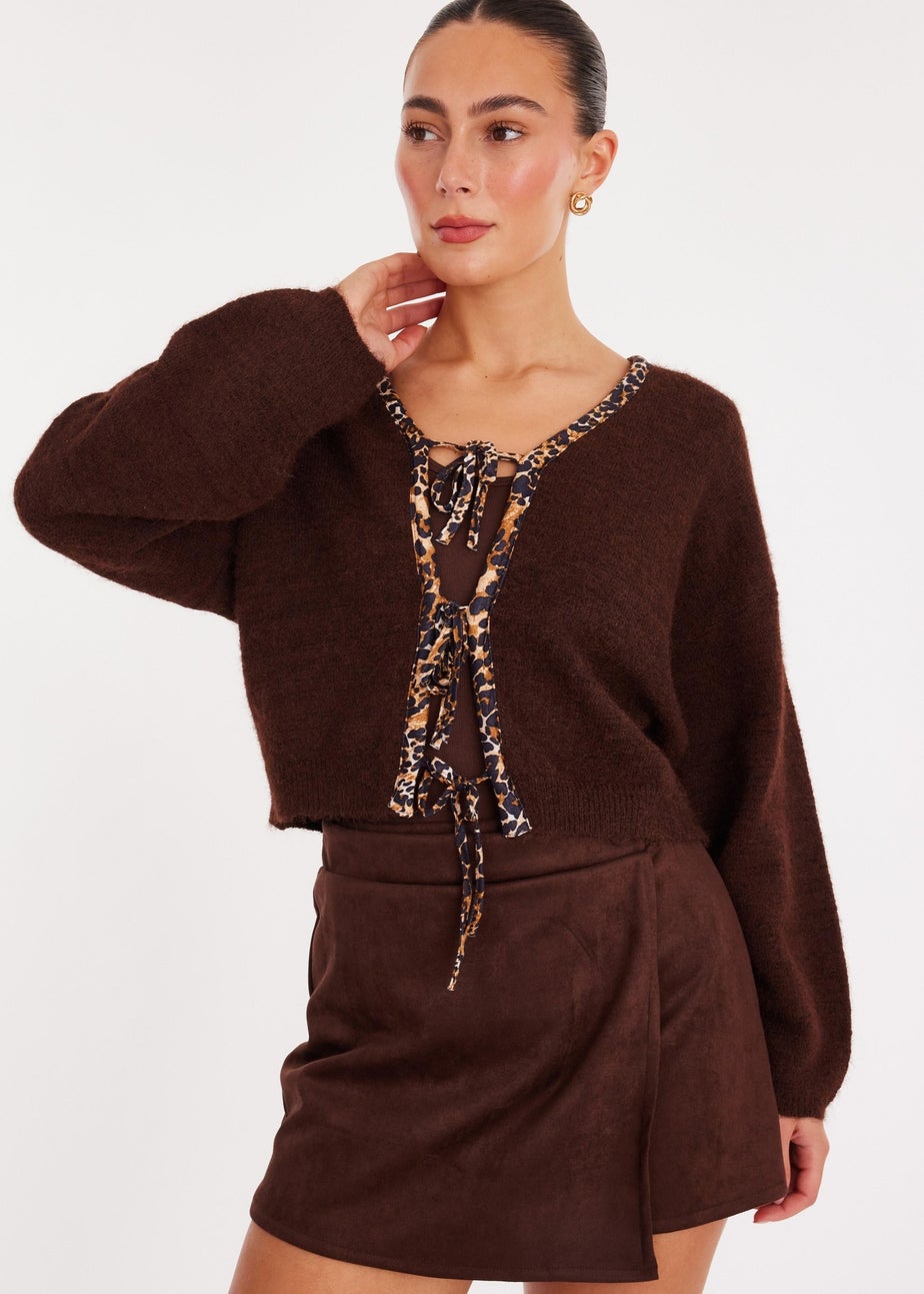 Quiz Brown Leopard Detail Tie Front Cardigan