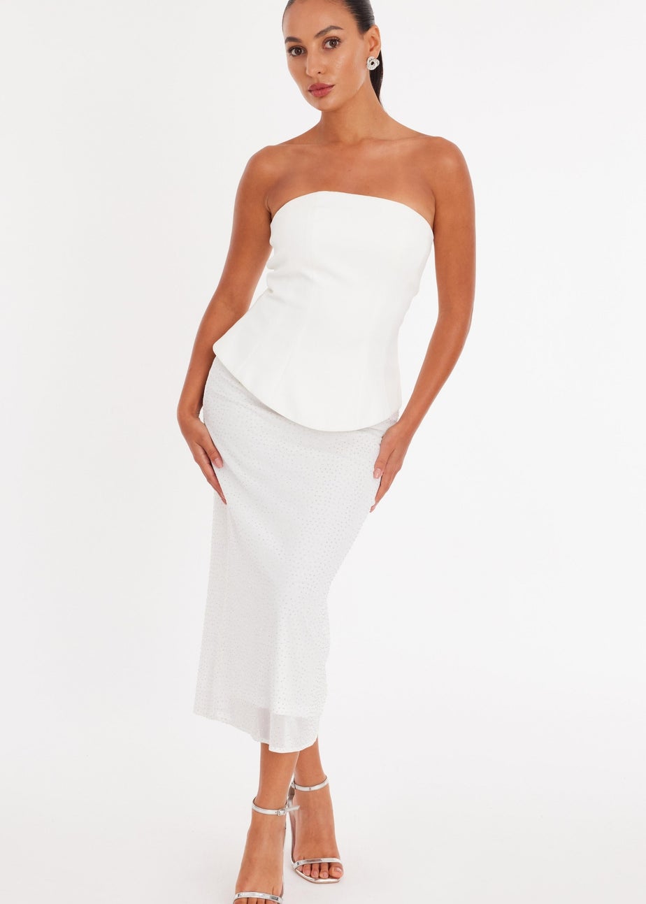 Quiz White Petite Glitter Mesh Bandeau Midaxi Dress
