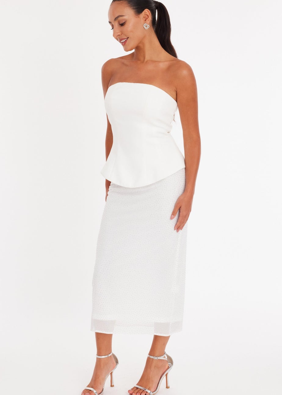 Quiz White Petite Glitter Mesh Bandeau Midaxi Dress