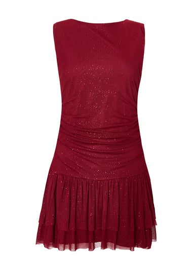 Quiz Burgundy Glitter Mesh Frill Mini Dress