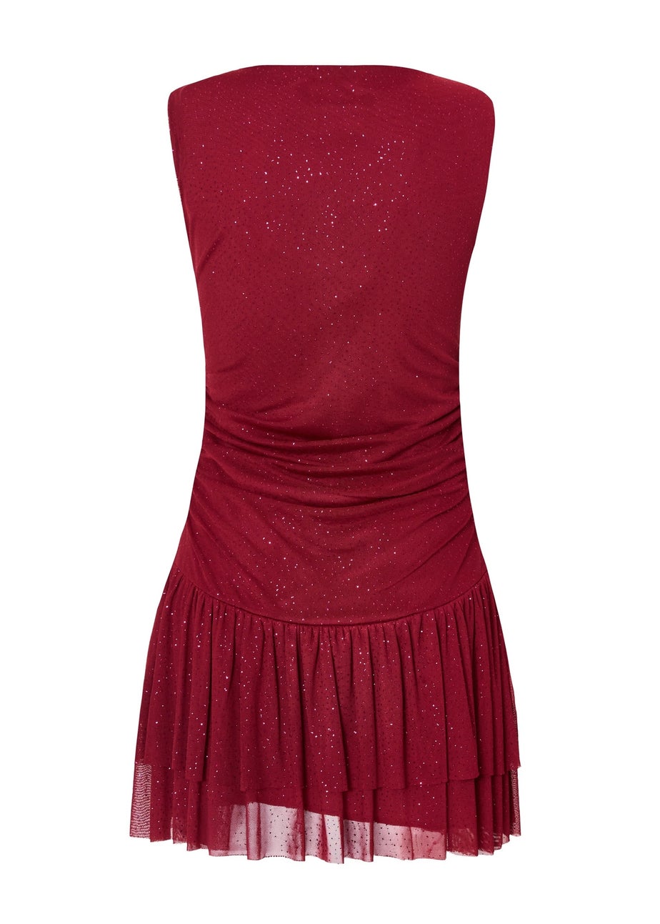 Quiz Burgundy Glitter Mesh Frill Mini Dress