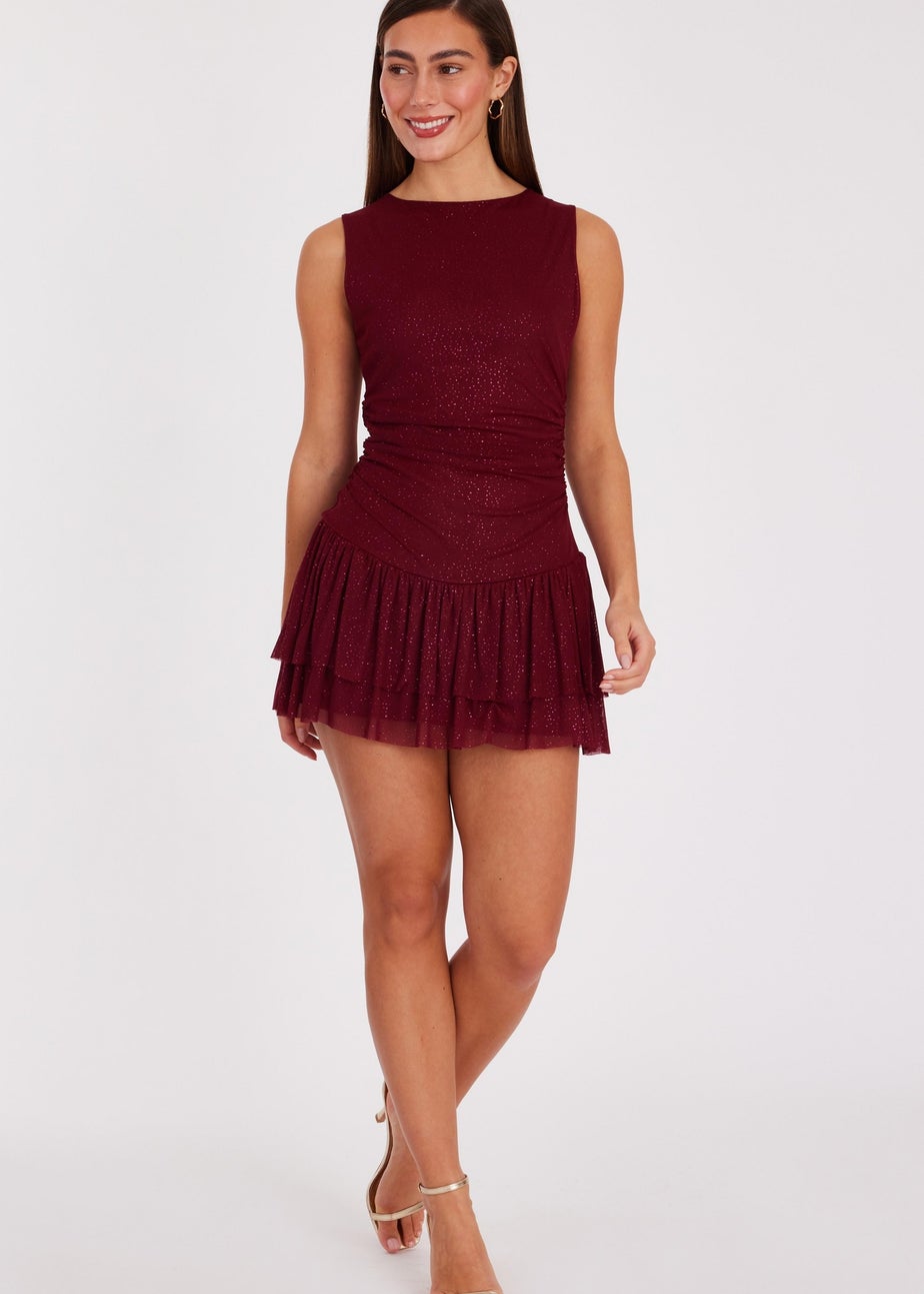 Quiz Burgundy Glitter Mesh Frill Mini Dress