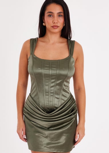 Quiz Green Satin Corset Draped Mini Dress