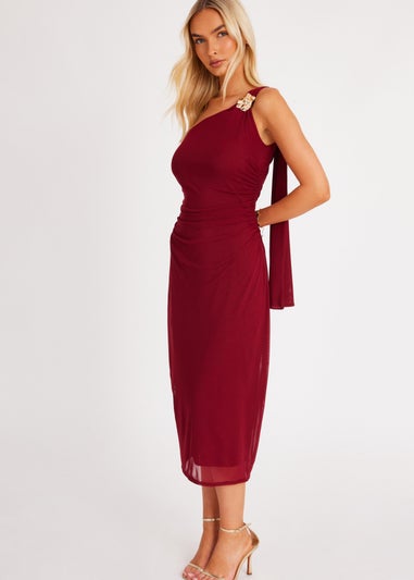 Quiz Burgundy Mesh One Shoulder Midi Dress