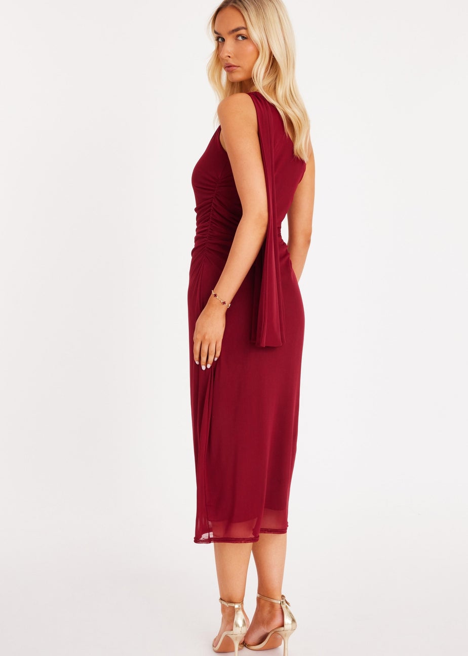 Quiz Burgundy Mesh One Shoulder Midi Dress
