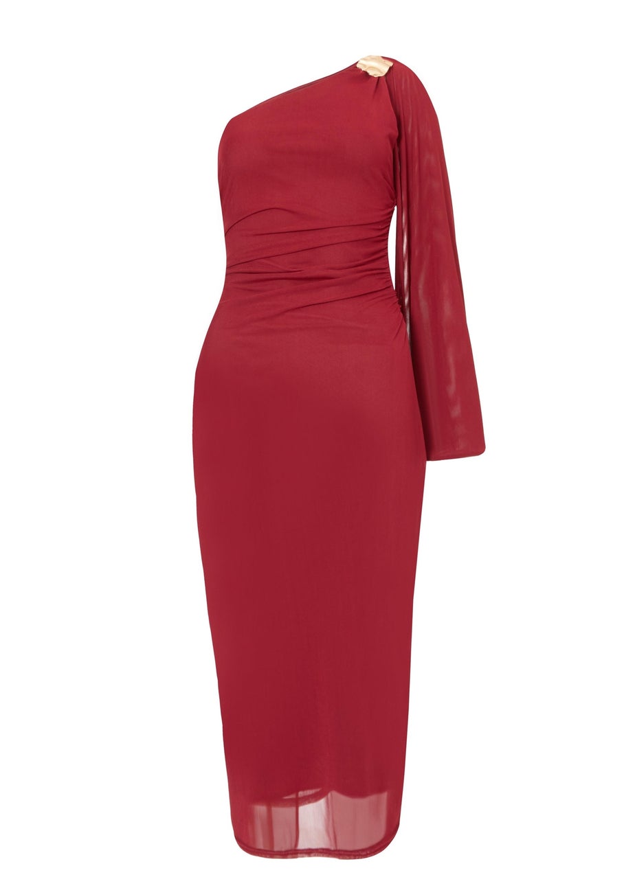 Quiz Burgundy Mesh One Shoulder Midi Dress