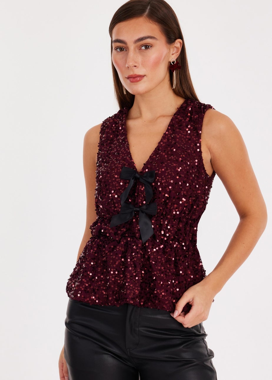Quiz Burgundy Sequin Peplum Top