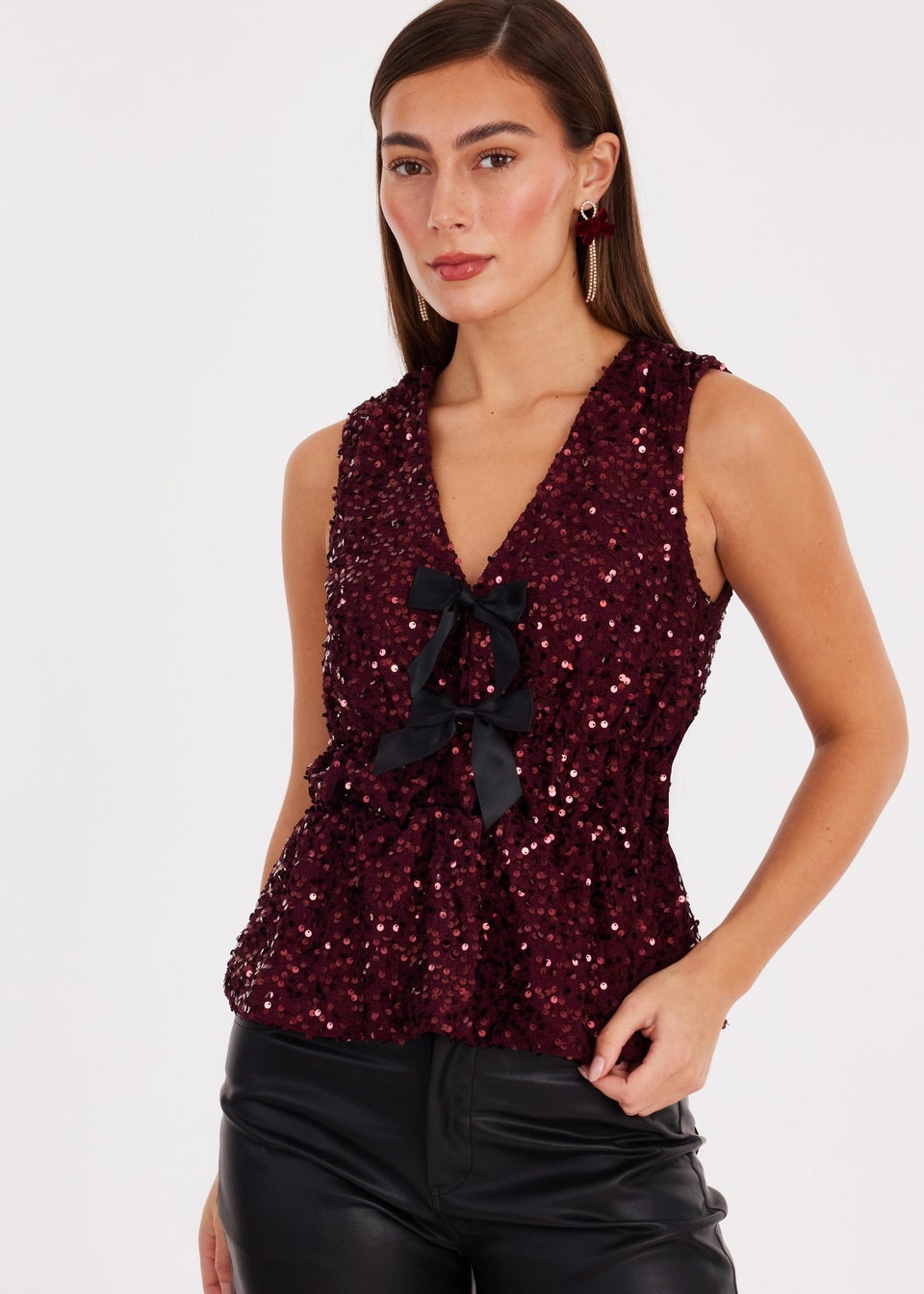 Quiz Burgundy Sequin Peplum Top