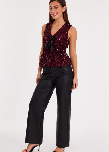 Quiz Burgundy Sequin Peplum Top