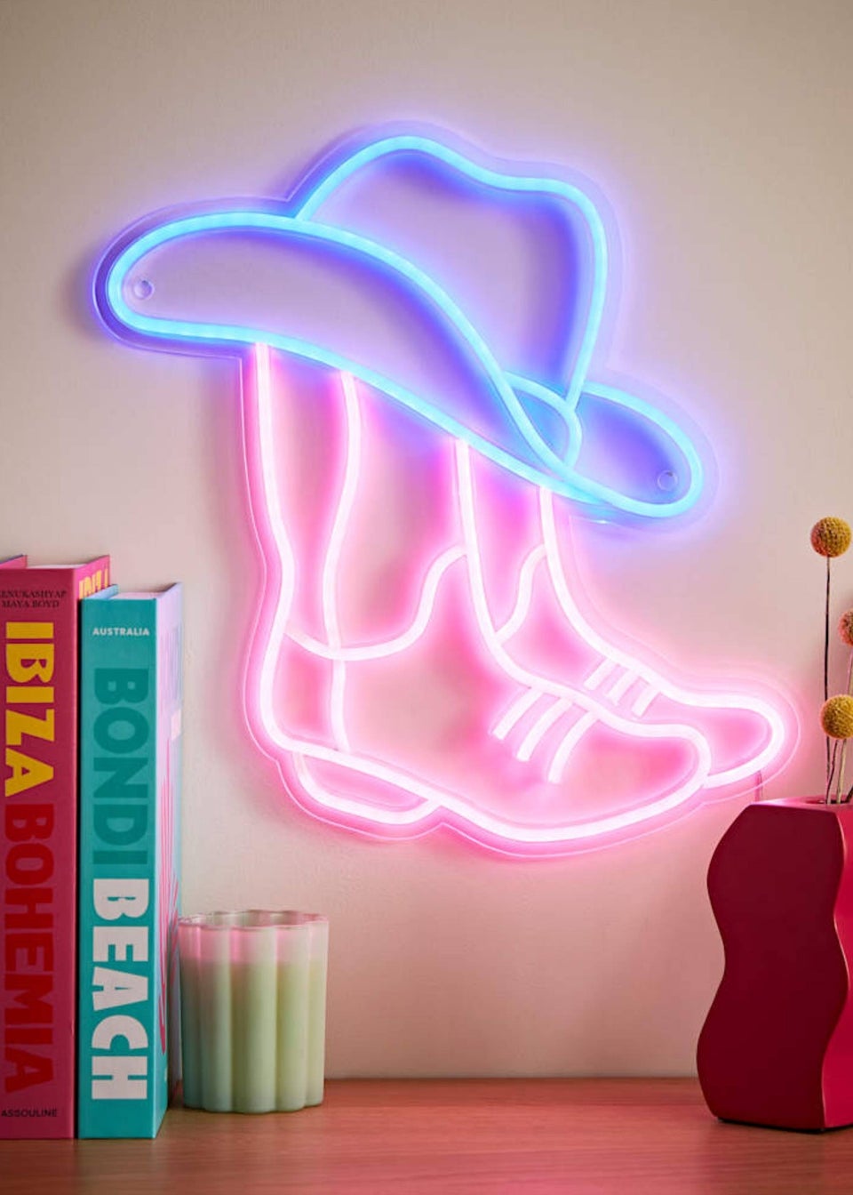 ValueLights Neon Pink & Blue Cowboy Boot Wall Light Integrated LED Novelty Light